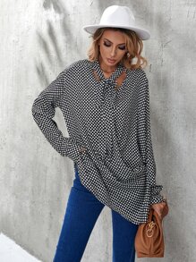 SHEIN Unity Polka Dot Draped Tie Front Cut Out Blouse - Black and White - View 3