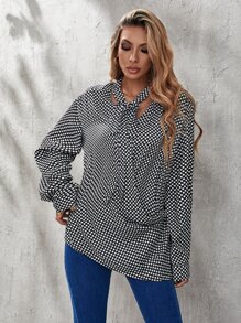 SHEIN Unity Polka Dot Draped Tie Front Cut Out Blouse - Black and White - View 4