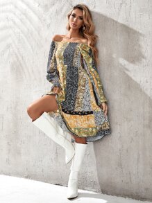Vestido con estampado floral con paisley con fruncido de hombros descubiertos bajo con fruncido - Multicolor - Ver 6