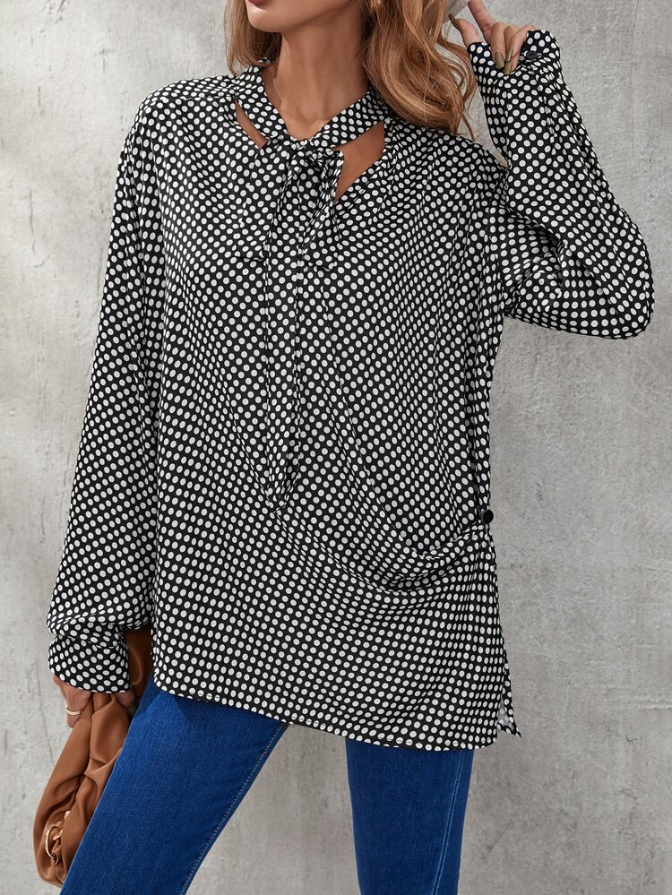 SHEIN Unity Blusa De Lunares Con Drapeado, Nudo Delantero Y Corte - Blanco y Negro - Añade 5