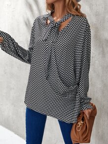 SHEIN Unity Polka Dot Draped Tie Front Cut Out Blouse - Black and White - View 6