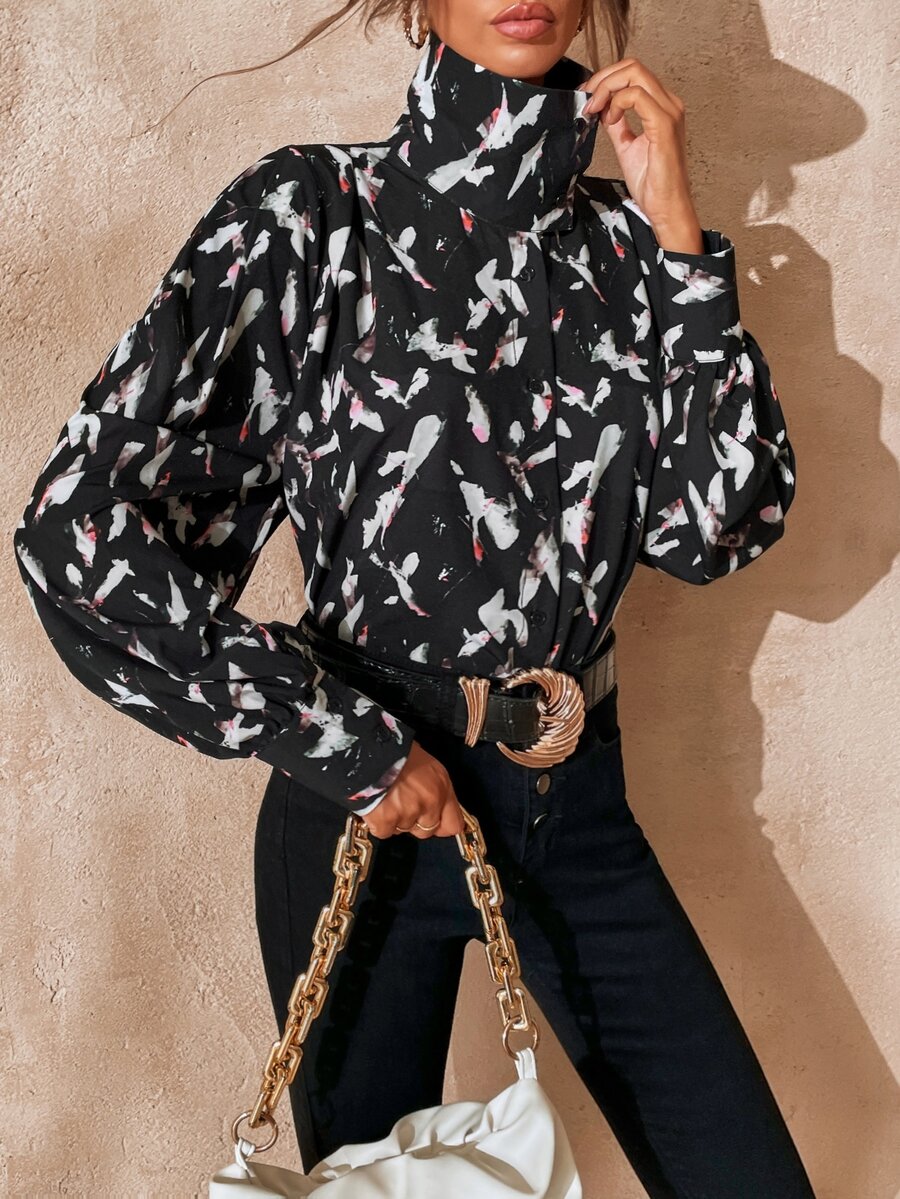 Allover Print High Neck Bishop Sleeve Shirt - Multicolor - View 1
