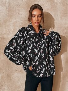 Allover Print High Neck Bishop Sleeve Shirt - Multicolor - View 3