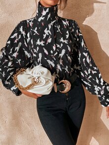 Allover Print High Neck Bishop Sleeve Shirt - Multicolor - View 4