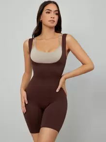 Women's Casual Comfy High Stretch Chocolate Brown Plain Shorts Bodysuit Long Length Shapewear - Chocolate Brown - View 1