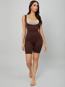 Women's Casual Comfy High Stretch Chocolate Brown Plain Shorts Bodysuit Long Length Shapewear - Chocolate Brown - View 3