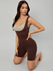 Women's Casual Comfy High Stretch Chocolate Brown Plain Shorts Bodysuit Long Length Shapewear - Chocolate Brown - View 5