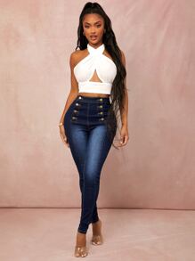 SHEIN SXY Jeans ajustados con botones - Azul lavado oscuro - Ver 1