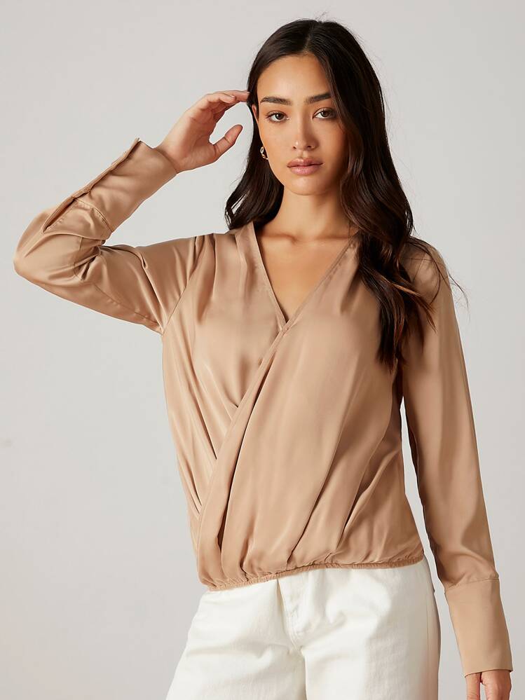SHEIN Áo sơ mi nữ Trọn gói màu trơn Thanh lịch - Màu be - Xem 1