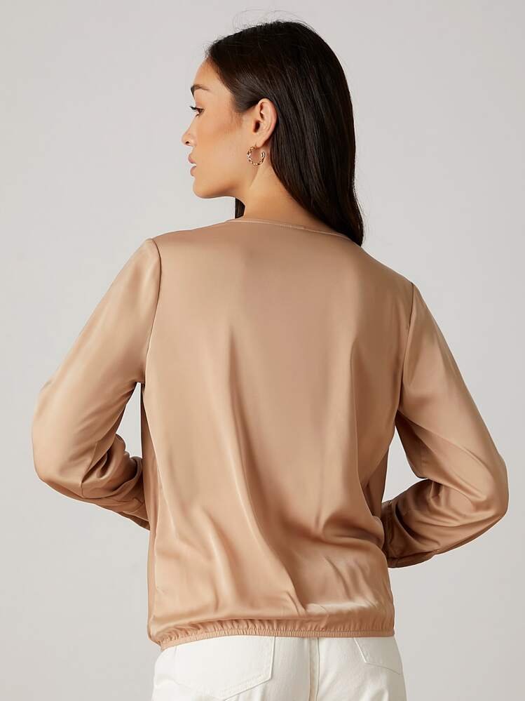SHEIN Áo sơ mi nữ Trọn gói màu trơn Thanh lịch - Màu be - Xem 3