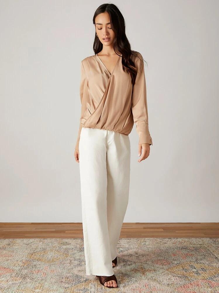 SHEIN Áo sơ mi nữ Trọn gói màu trơn Thanh lịch - Màu be - Xem 4