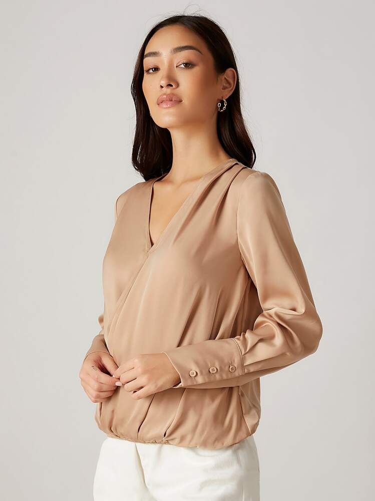 SHEIN Áo sơ mi nữ Trọn gói màu trơn Thanh lịch - Màu be - Xem 2