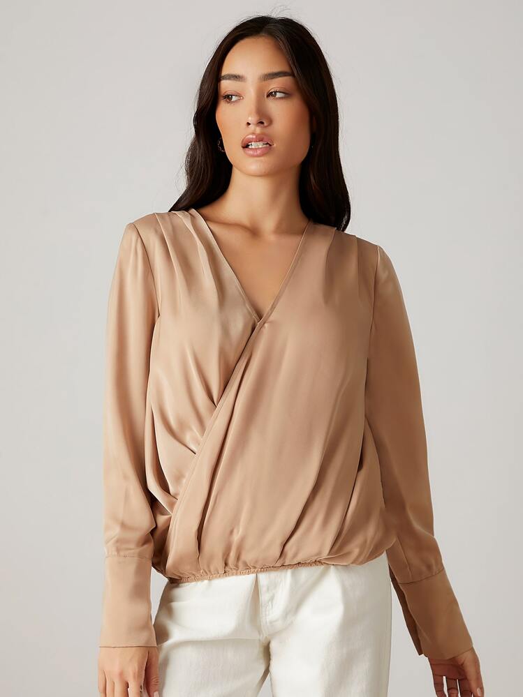 SHEIN Áo sơ mi nữ Trọn gói màu trơn Thanh lịch - Màu be - Xem 5