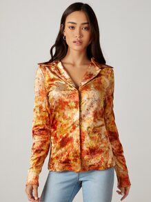 SHEIN Unity Tie Dye Single Button Placket Velvet Blouse - Multicolor - View 1