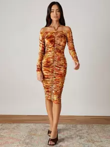 SHEIN BAE 紮染褶邊絲絨緊身洋裝 - 彩色 - 查看 3