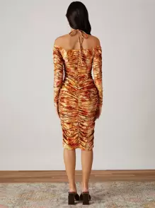 SHEIN BAE 紮染褶邊絲絨緊身洋裝 - 彩色 - 查看 4