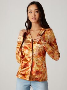 SHEIN Unity Tie Dye Single Button Placket Velvet Blouse - Multicolor - View 3