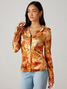 SHEIN Unity Tie Dye Single Button Placket Velvet Blouse - Multicolor - View 4