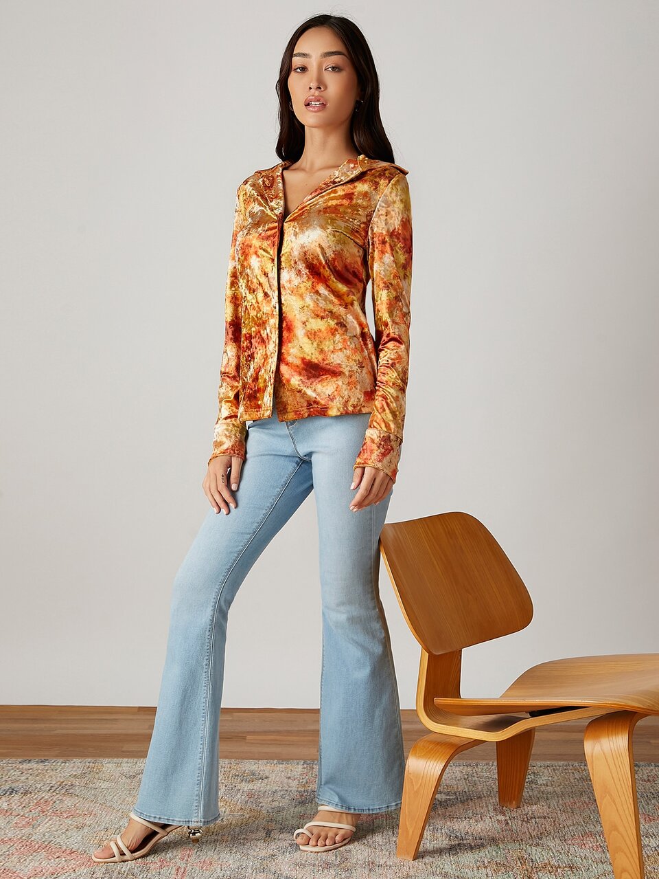 Tie Dye Single Button Placket Velvet Blouse