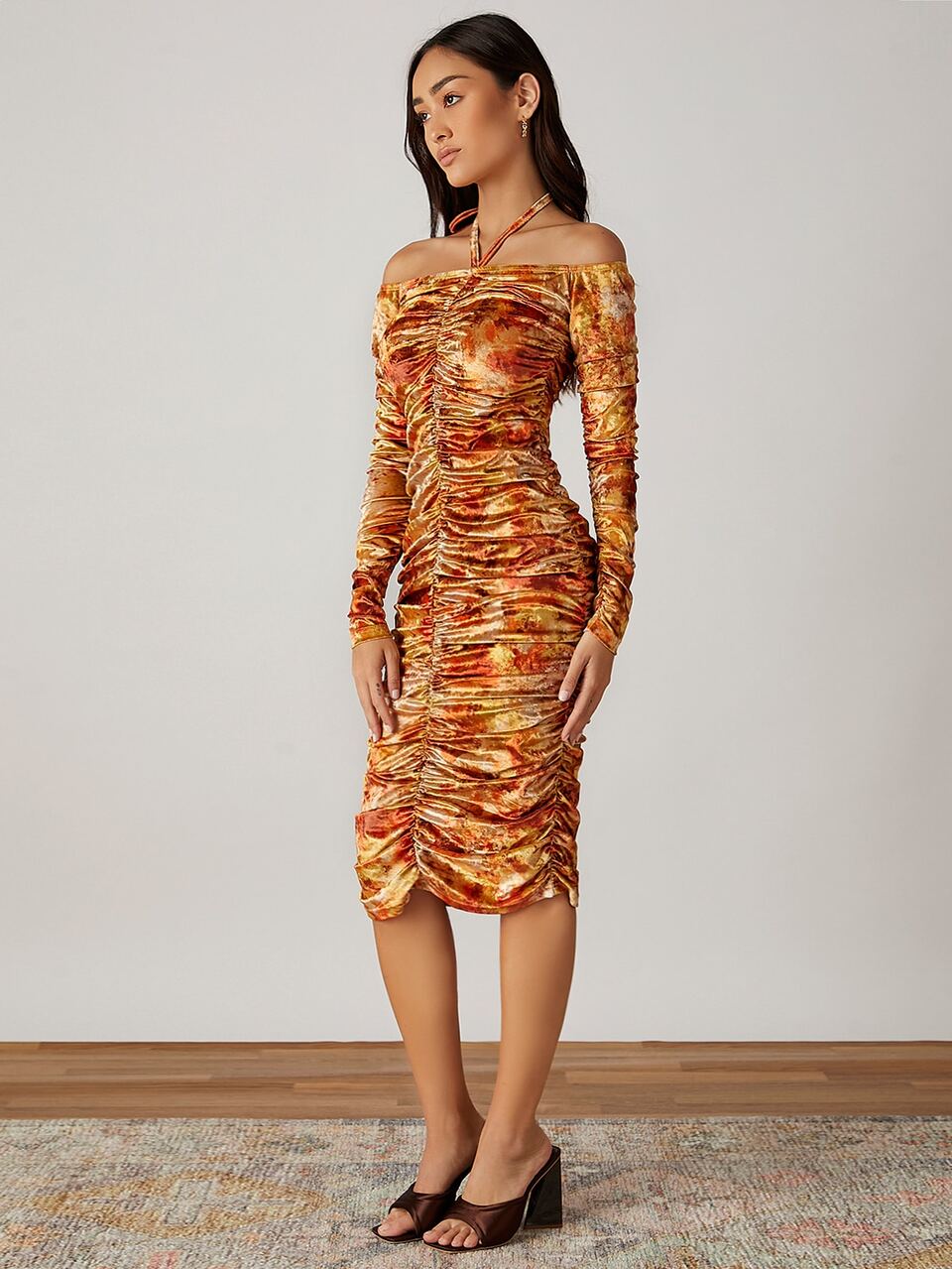 Tie Dye Ruched Velvet Bodycon Dress