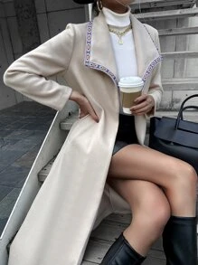 幾何織帶邊腰帶花呢外套 - 米色 - 查看 1