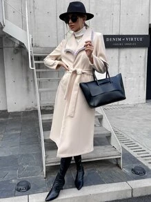 幾何織帶邊腰帶花呢外套 - 米色 - 查看 3