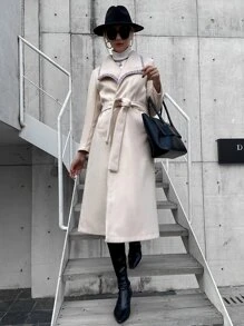 幾何織帶邊腰帶花呢外套 - 米色 - 查看 5