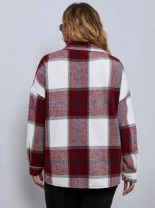 SHEIN LUNE 大碼格紋翻蓋口袋落肩袖花呢外套 - 紅白色 - 查看 2