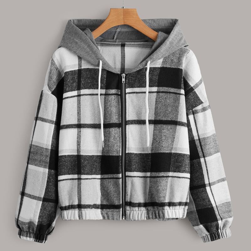 

Plaid Zip Up Drawstring Jacket, Black and white