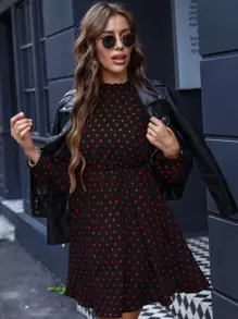 SHEIN Clasi Polka Dot Keyhole Back Bishop Sleeve Dress - Black - View 1