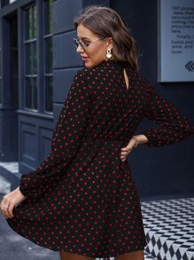 SHEIN Clasi Polka Dot Keyhole Back Bishop Sleeve Dress - Black - View 2