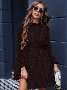 SHEIN Clasi Polka Dot Keyhole Back Bishop Sleeve Dress - Black - View 3