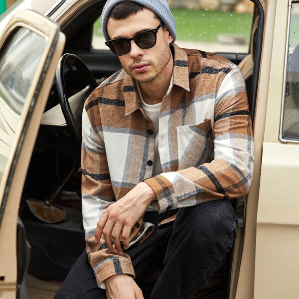

Men Plaid Patched Pocket Coat, Multicolor