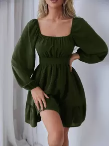 SHEIN Essnce Vestido fruncido de manga farol bajo con fruncido - Verde militar - Ver 1