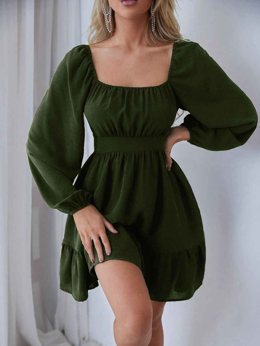 SHEIN Essnce Vestido fruncido de manga farol bajo con fruncido - Verde militar - Ver 1