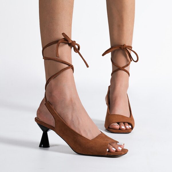 

Suede Tie Leg Design Sculptural Heeled Sandals, Brown