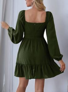 SHEIN Essnce Vestido fruncido de manga farol bajo con fruncido - Verde militar - Ver 2