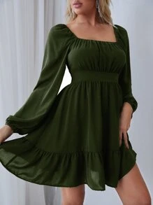 SHEIN Essnce Vestido fruncido de manga farol bajo con fruncido - Verde militar - Ver 3