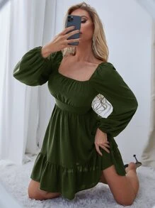 SHEIN Essnce Vestido fruncido de manga farol bajo con fruncido - Verde militar - Ver 4