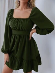 SHEIN Essnce Vestido fruncido de manga farol bajo con fruncido - Verde militar - Ver 5