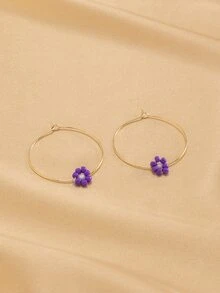 Beaded Flower Decor Hoop Earrings - Purple - View 1