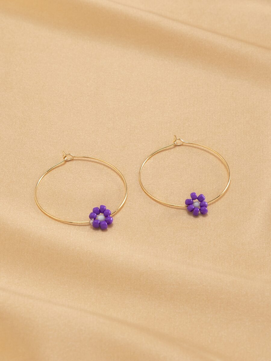 Beaded Flower Decor Hoop Earrings - Purple - View 1