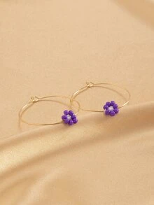 Beaded Flower Decor Hoop Earrings - Purple - View 2