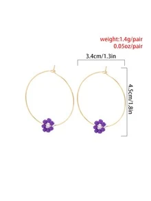 Beaded Flower Decor Hoop Earrings - Purple - View 3