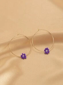 Beaded Flower Decor Hoop Earrings - Purple - View 4