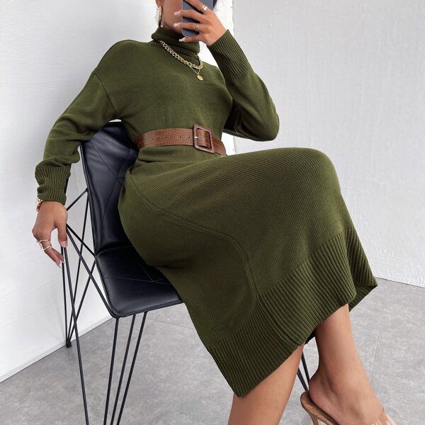 

Turtleneck Drop Shoulder Sweater Dress Without Belt, Army green