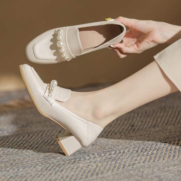 

Faux Pearl Decor Chunky Loafers, Beige