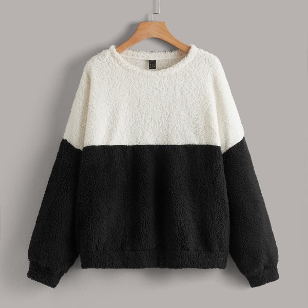 

Plus Colorblock Teddy Pullover, Black and white