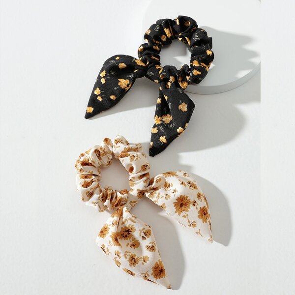 

2pcs Floral Print Scarf Hair Tie, Multicolor
