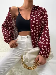 SHEIN Privé 蝴蝶結圖案雙口袋拉鍊夾克 - 酒紅色 - 查看 1